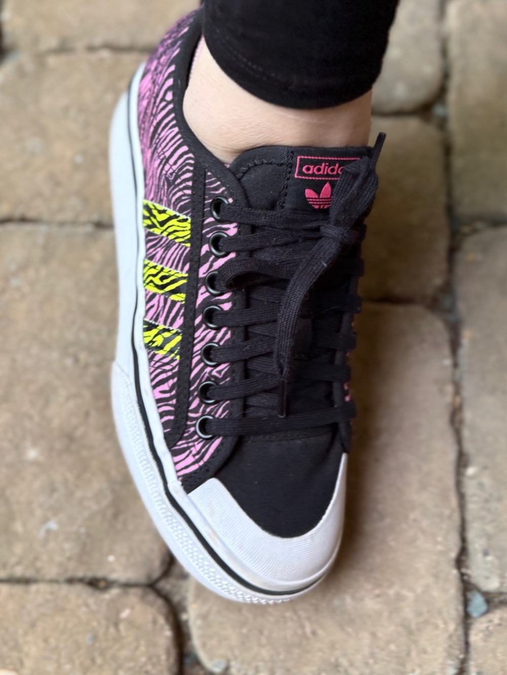 Adidas Nizza Women’s Black Canvas Platform Sneakers with Pink Neon Zebra